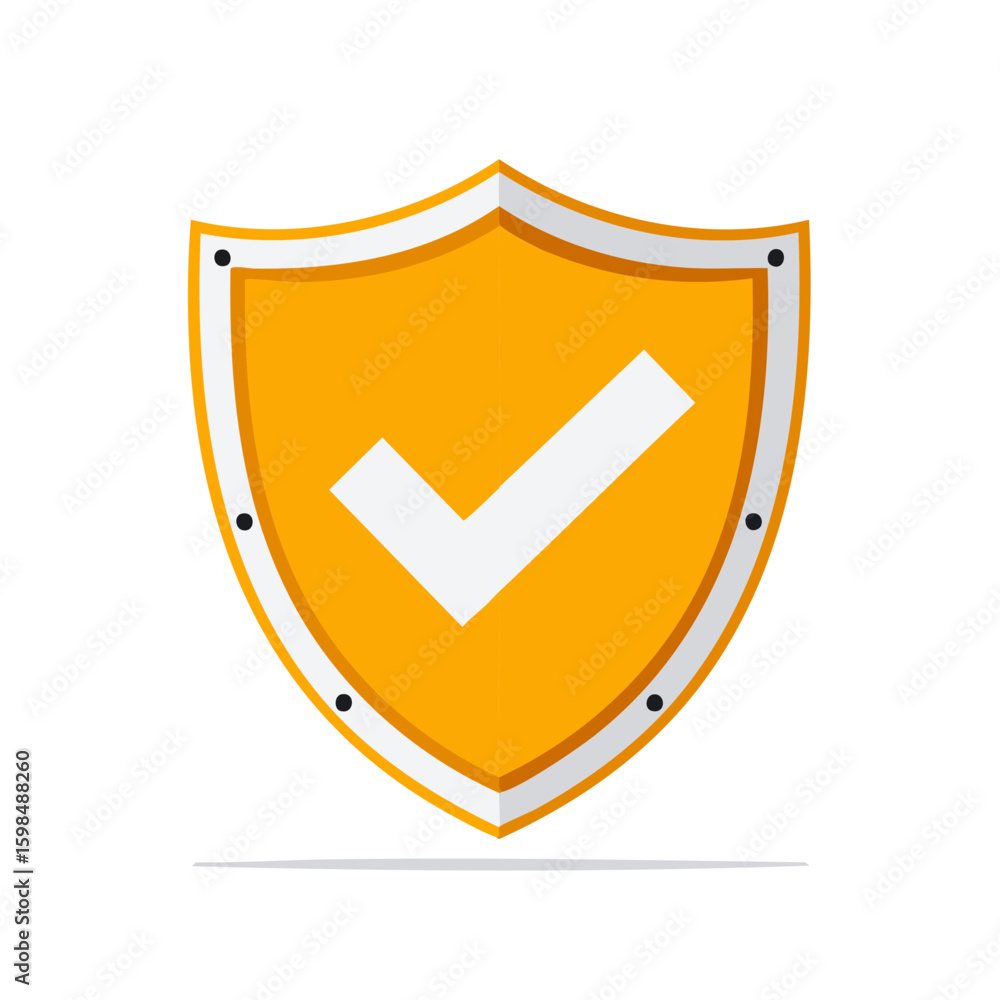 Poster shield icon displaying a white check mark for security, protection, and verification concept.