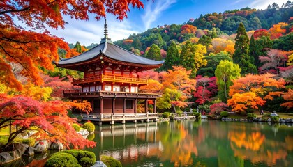 Fototapeta premium Autumnal Japanese temple by a serene pond