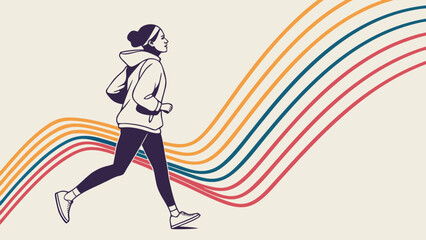 Rhythmic Run: Energetic illustration of a woman running amidst colorful, dynamic lines, embodying movement and vitality. 