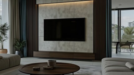 Fototapeta premium Modern luxury living room with flat screen TV on marble wall, wooden panel accents, ambient lighting, and elegant interior design.
