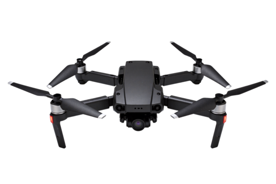 modern black quadcopter drone with four propellers and an integrated high-resolution camera for aerial photography and videography. This high-tech flying gadget is isolated on a transparent background