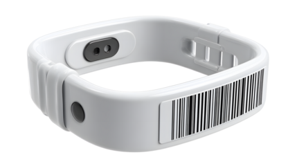 Medical hospital wristband or bracelet mockup. Patient or newborn baby ID armlet, hospital identification 3d bracelet or realistic vector white plastic wristbands with barcode