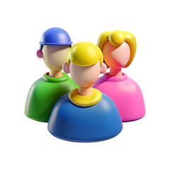 Three stylized 3d cartoon characters in colorful clothing isolated on transparent background