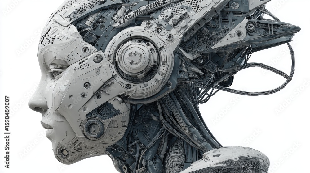 Poster a detailed robotic head design captures the intricate features and advanced technological components
