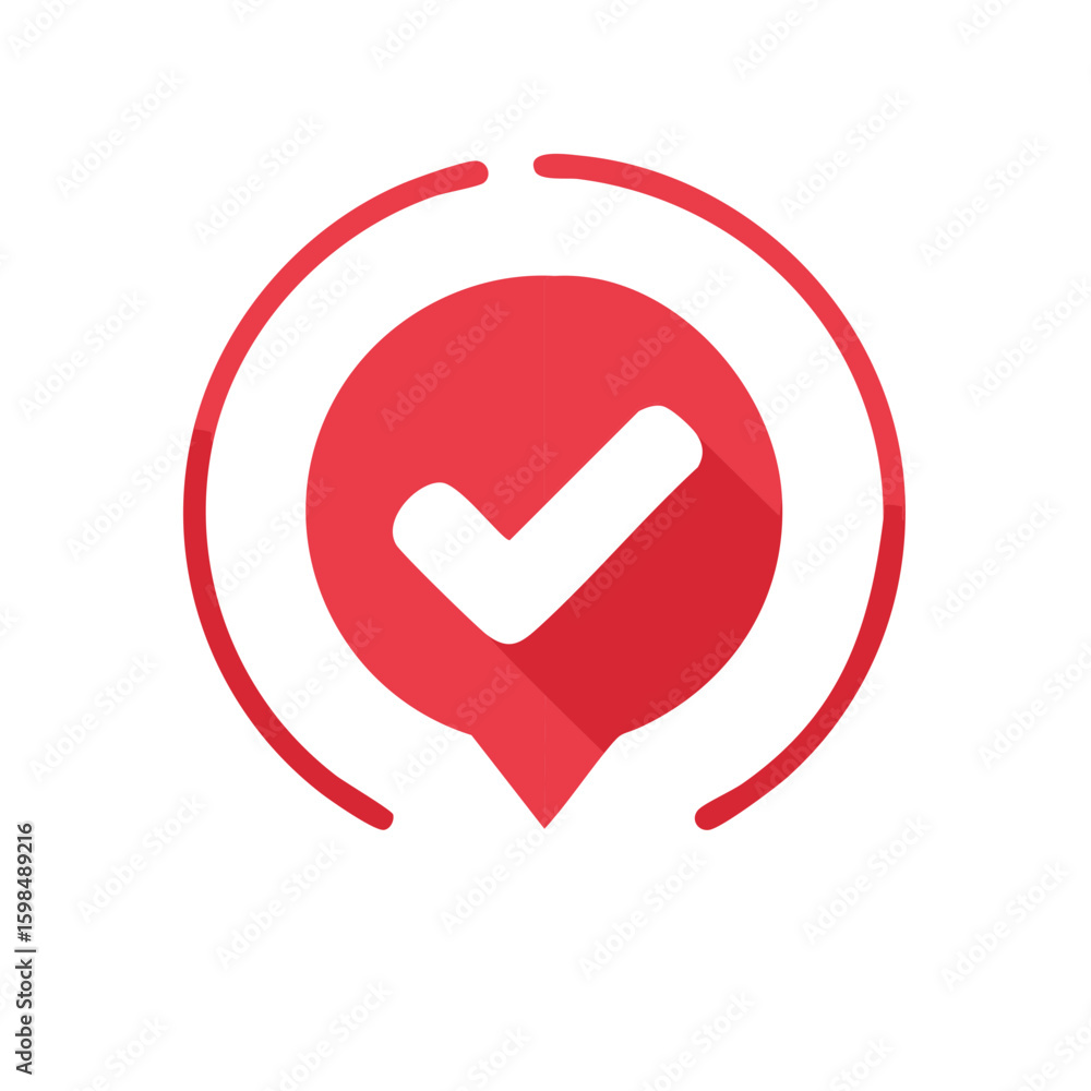 Aufkleber check mark icon inside speech bubble with circle outline in red and white, symbol of success and app