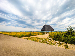 Kalvebod Fælled in Tårnby, Denmark, features a scenic shelter amid vast grasslands under dramatic...