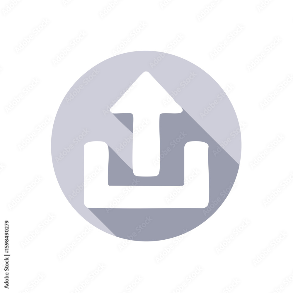 Poster Upload icon within gray circular button, simple graphic representing data upload functionality, digital transfer