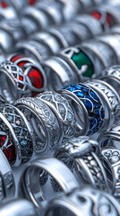 3D Render Silver Rings with Gemstones