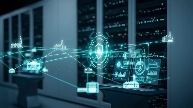 Network security visualization illustrating safe data transmission in supply chains.