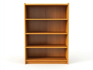 Empty wooden bookshelf with four shelves against a white background