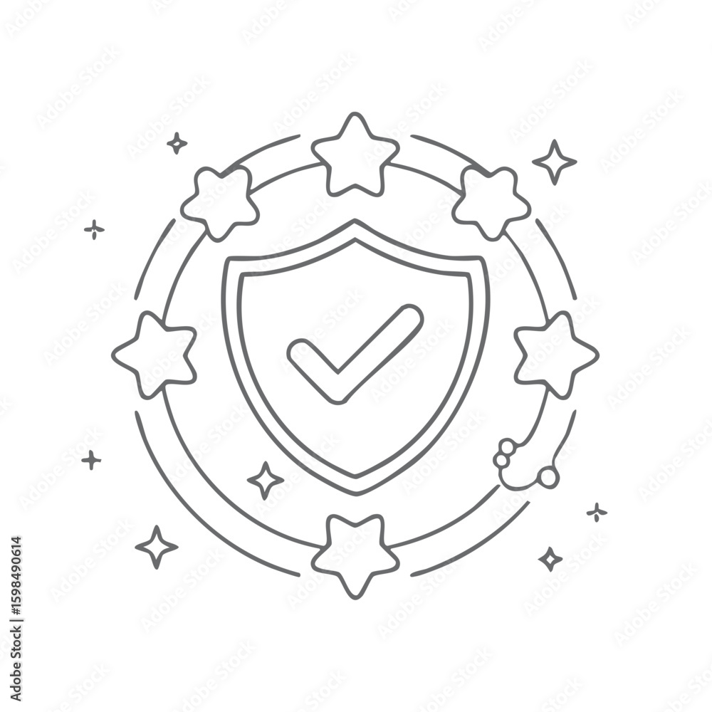 Poster shield with checkmark surrounded by stars line art symbol of validation and security