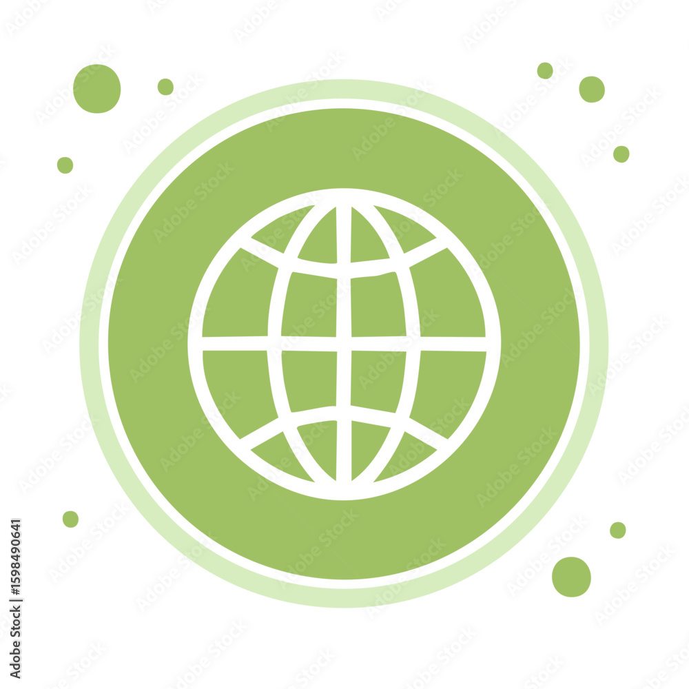 Poster a globe icon inside a green circle with scattered dots around the edge, representing worldwide conne