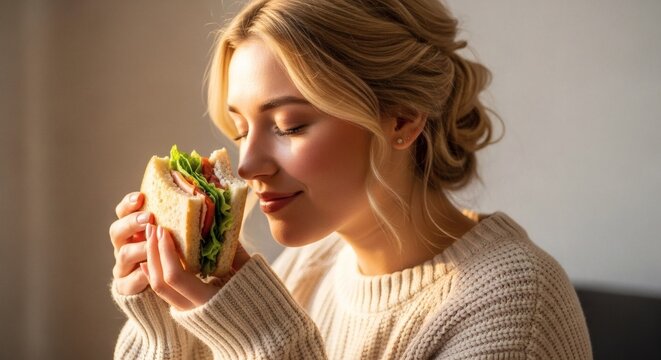 A blonde woman in a sweater enjoys a delicious sandwich in natural light, relishing the moment. - Powered by Adobe