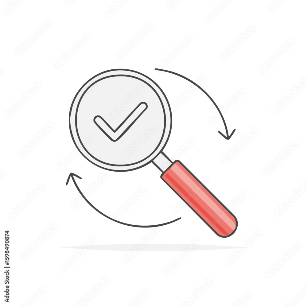Poster magnifying glass with check mark and rotation arrows confirm approve