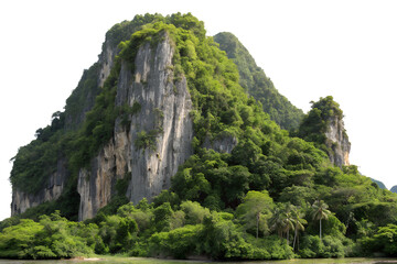 Lush green tropical karst mountain peak isolated on transparent background
