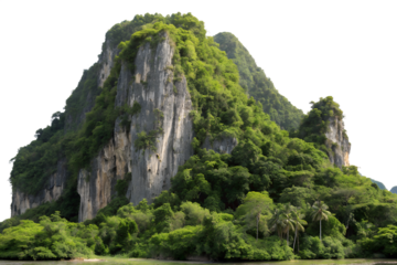 Lush green tropical karst mountain peak isolated on transparent background