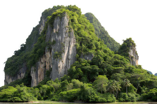 Lush green tropical karst mountain peak isolated on transparent background