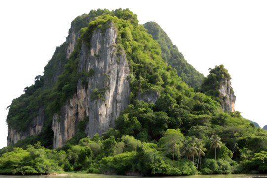 Lush green tropical karst mountain peak isolated on transparent background