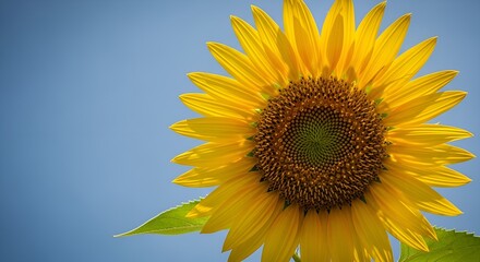 Obraz premium Close-up of a bright yellow sunflower in full bloom against a clear blue sky.
