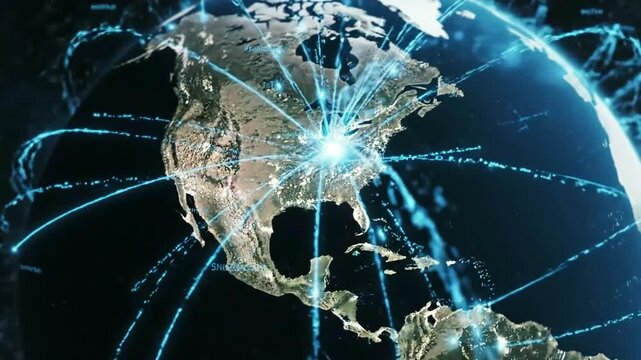 Digital global network on Earth showing glowing blue data lines connecting continents symbolizing modern communication technology and worldwide internet connect