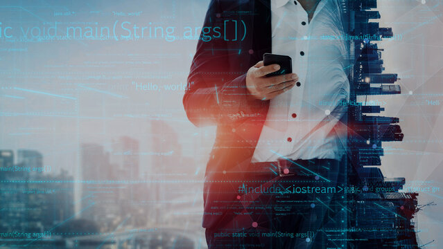 A professional businessman stands confidently while using a smartphone, surrounded by a visually striking blend of programming code and a city skyline, symbolizing modern technology. Xenic