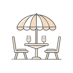 Fototapeta premium Patio bistro scene with two chairs, table, wine glasses, and umbrella in neutral pastel colors, outline vector style