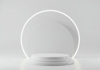 Minimalist white stage podium with glowing arch accent