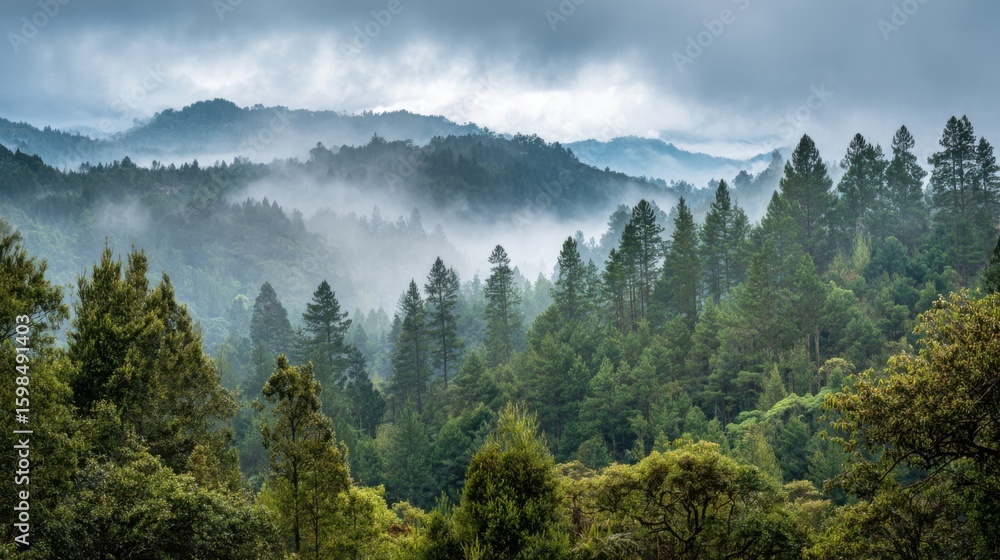 Poster misty forests stretch across rolling hills, shrouded in fog and illuminated by soft morning light. t