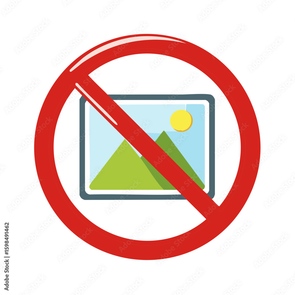 Poster forbidden image symbol with landscape graphic displayed in red prohibition circle showing content re