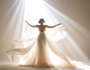 Fototapeta premium Elegant woman in flowing gown, bathed in light