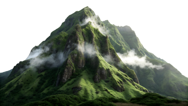 Lush green mountain peak with clouds isolated on transparent background - Powered by Adobe
