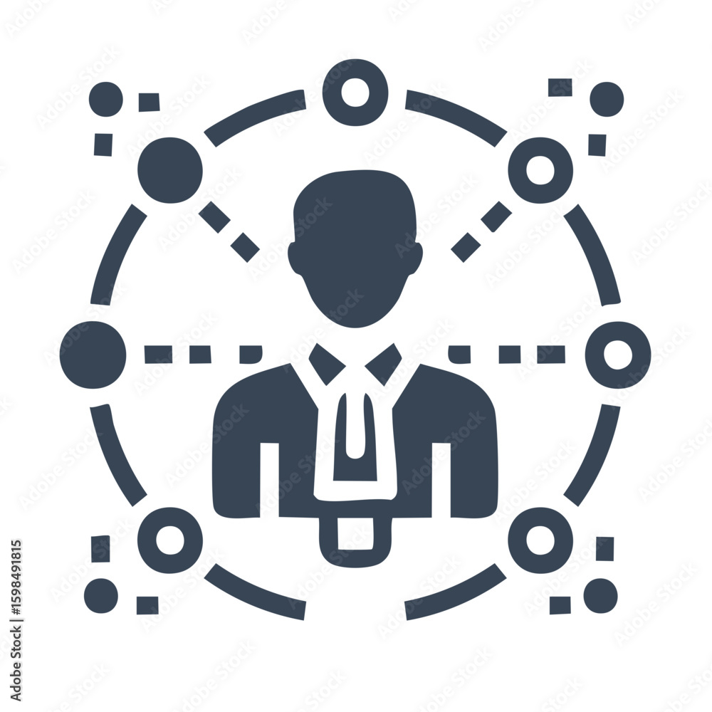 Poster man surrounded by connected network circled by nodes and dashes connection concept