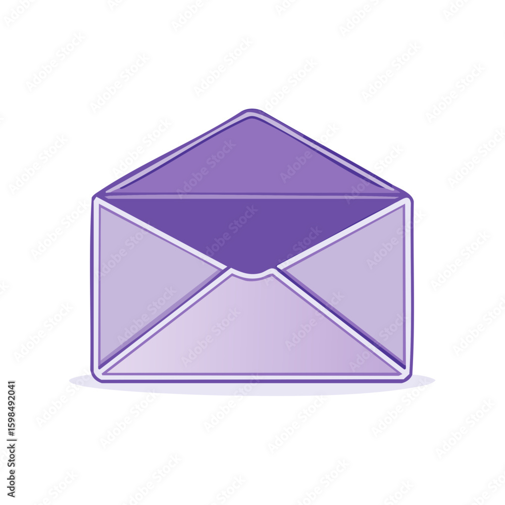 Poster violet open envelope graphic illustration, sending letters and memos, e-mail concept, communication 