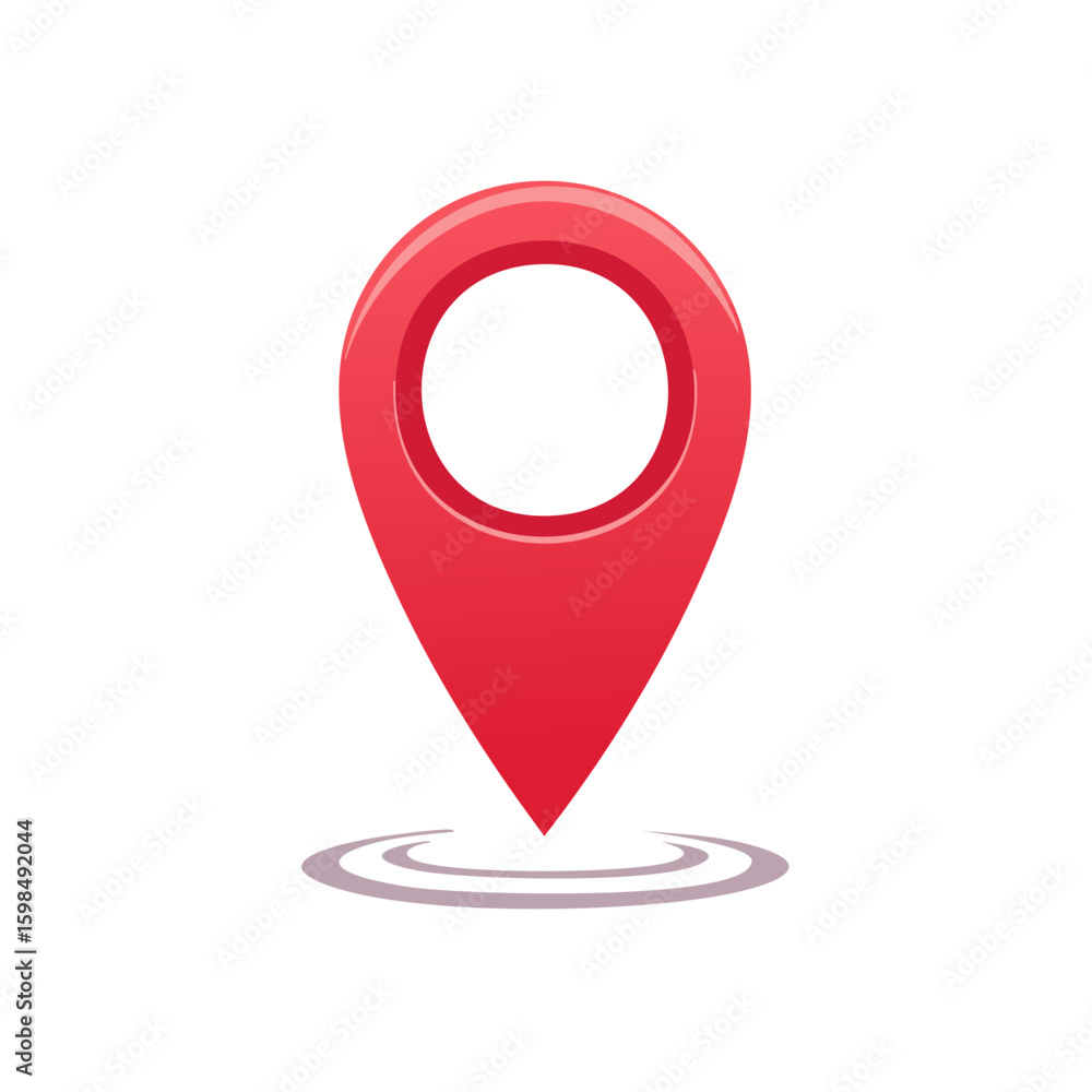 Poster red location pin marker hovers above concentric gray location signal waves, indicating location on d