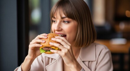 A woman is happily eating a delicious burger in a restaurant setting.