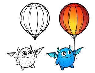 cute blue monster flying on a balloon cartoon illustration
