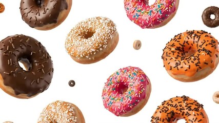 Assorted colorful sweet donuts falling on a clean white background delicious bakery treats with chocolate pink orange frosting and vibrant sprinkles - Powered by Adobe