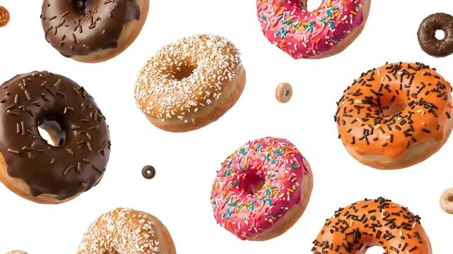 Assorted colorful sweet donuts falling on a clean white background delicious bakery treats with chocolate pink orange frosting and vibrant sprinkles