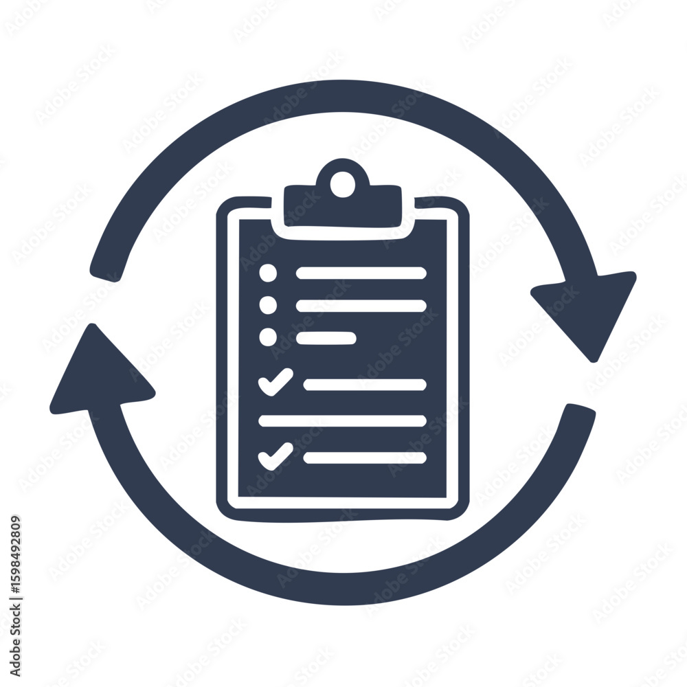 Poster checklist icon with completed tasks and rotating arrow, emphasizing efficiency and process updates