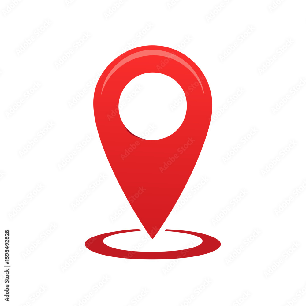 Poster red location pin symbol for maps and navigation applications with drop shadow