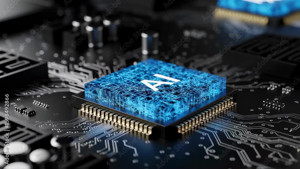 Poster hightech artificial intelligence hardware component resting on sleek digital motherboard.