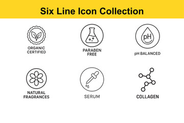 Cosmetic and Beauty Product Line Icons Organic Paraben Free pH Balanced Natural Fragrances Serum and Collagen