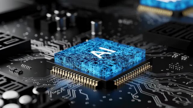 Hightech artificial intelligence hardware component resting on sleek digital motherboard.
