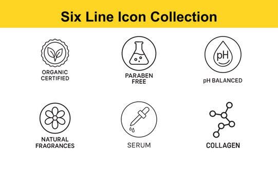 Cosmetic and Beauty Product Line Icons Organic Paraben Free pH Balanced Natural Fragrances Serum and Collagen
