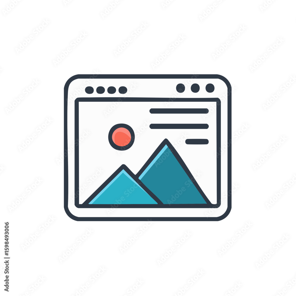 Poster website with mountains and sun icon. webpage interface with vector design.
