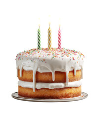 Delicious two-layered vanilla cake with sprinkles and three lit candles.