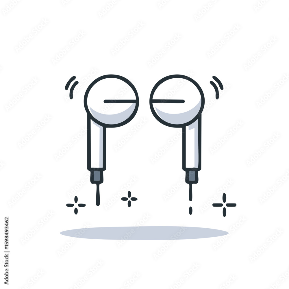 Poster wireless earbuds depicted with vibration line and shimmering sparkles around minimalist vector illus