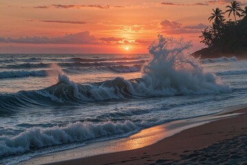Naklejka premium Breathtaking Ocean Waves Under Stunning Sunset at the Beach