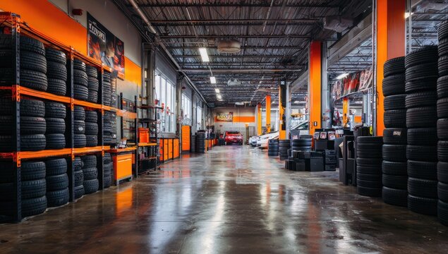 Automotive repair shop interior with tires and equipment