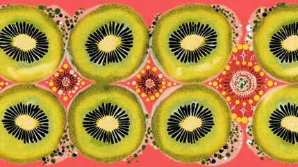 Seamless pop‑art pattern featuring stylized kiwi fruit cross sections and retro geometric dots on vibrant coral background ideal for textile or packaging design